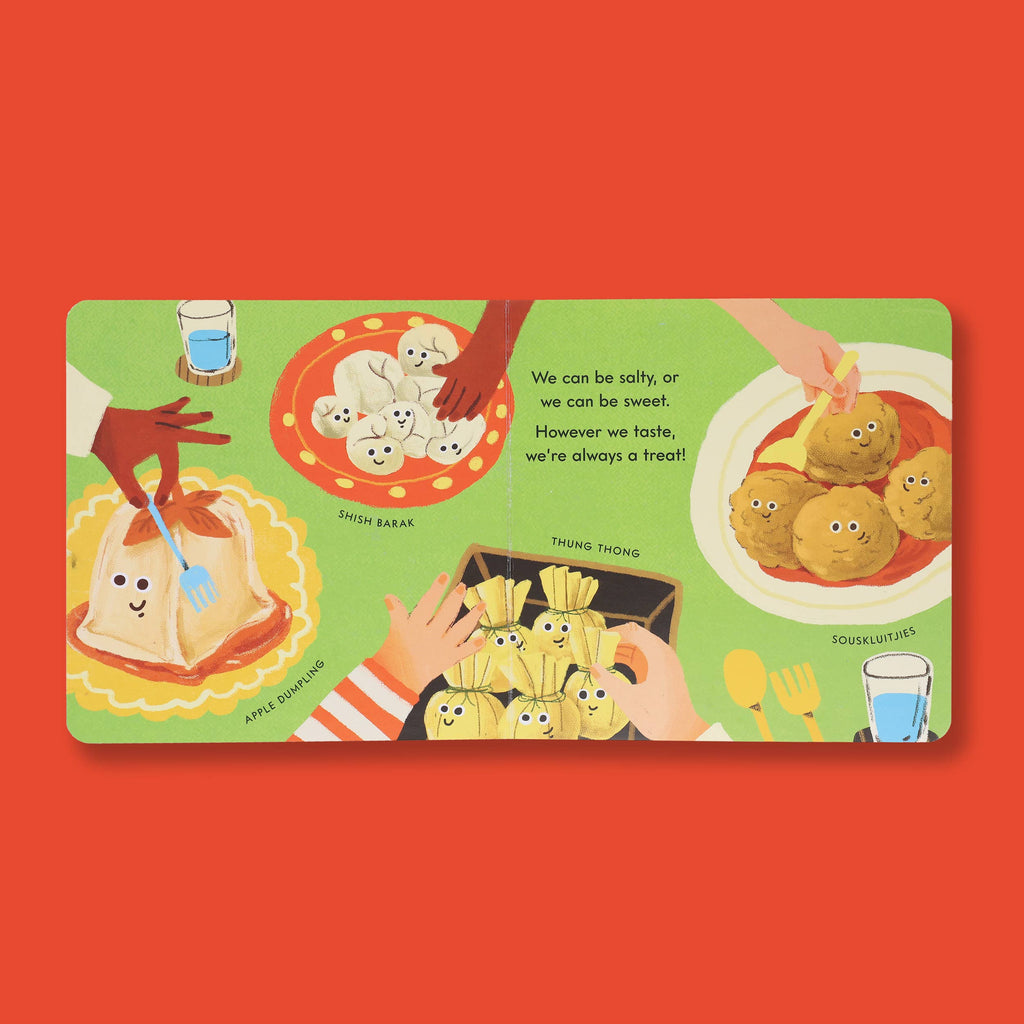 Children's book page featuring illustrated dumplings like shish barak, apple dumpling, and souskluitjies with playful faces for family reading.