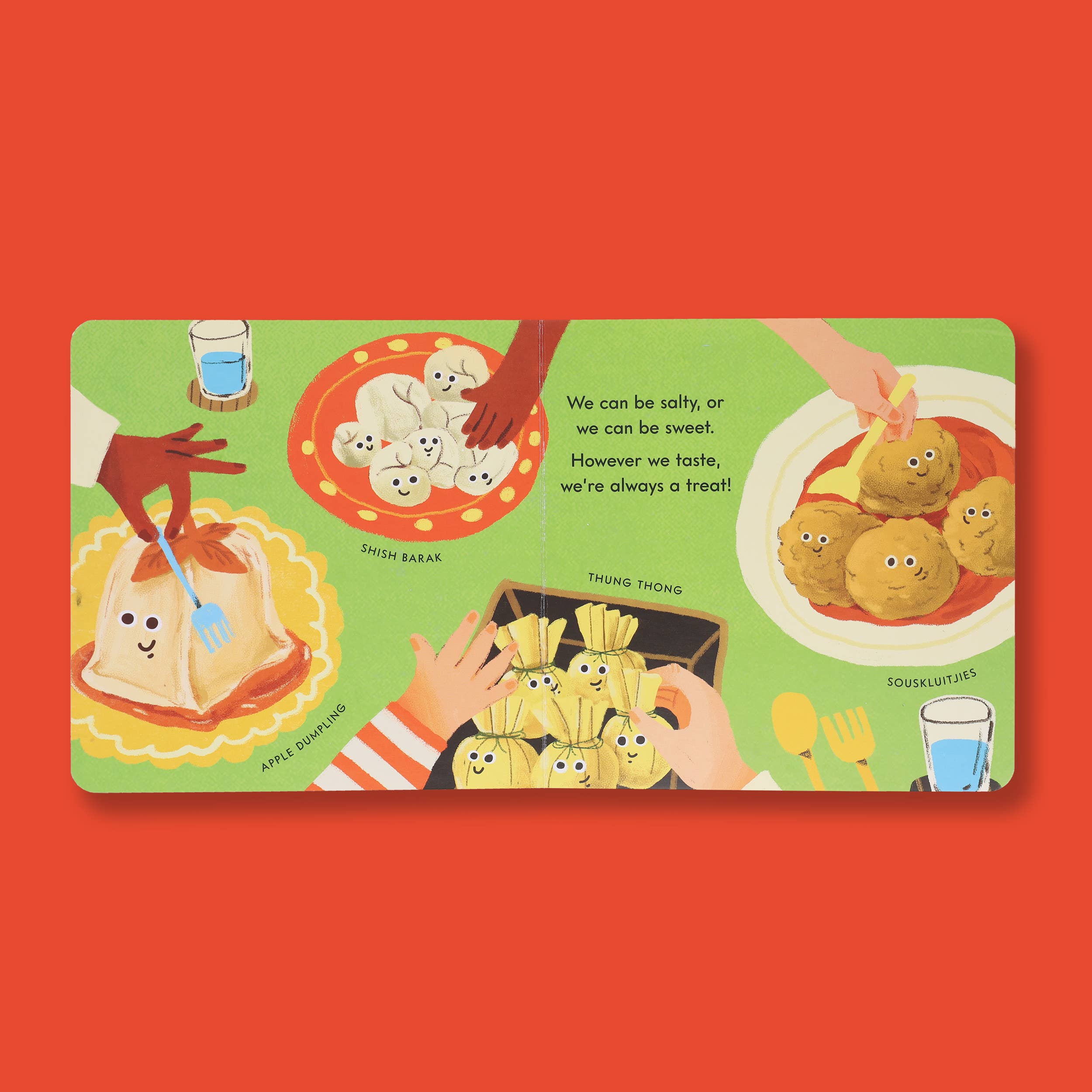 Children's book page featuring illustrated dumplings like shish barak, apple dumpling, and souskluitjies with playful faces for family reading.