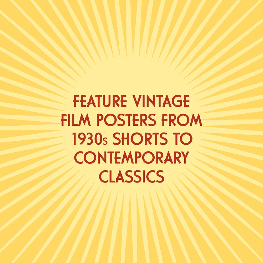 Vintage film posters from 1930s shorts to contemporary classics on sunburst yellow background