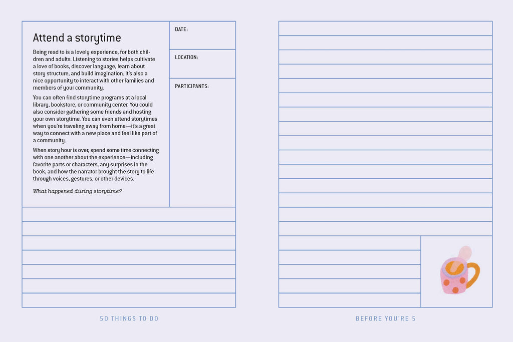 Storytime activity planner page with notes, date, location, participants fields, and cozy mug illustration for family reading moments