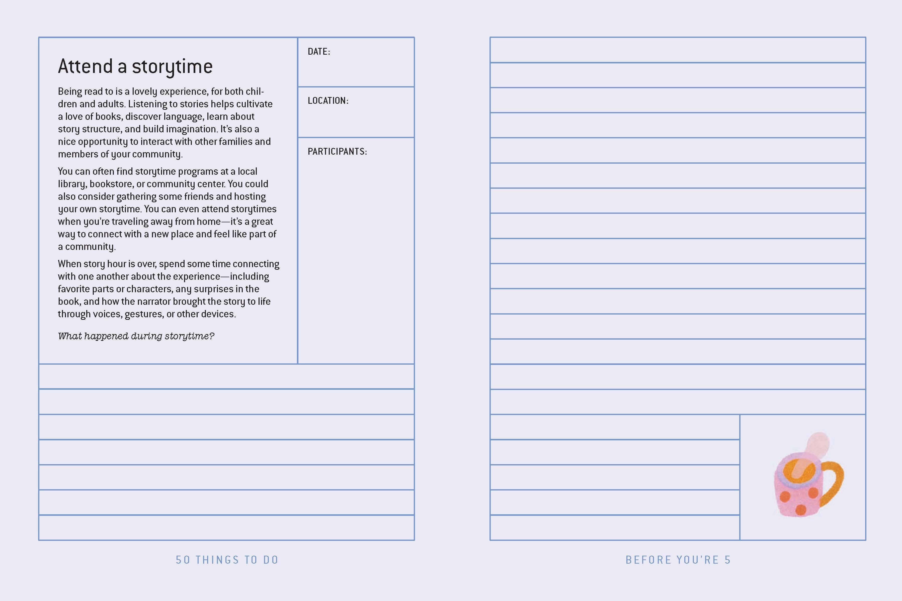 Storytime activity planner page with notes, date, location, participants fields, and cozy mug illustration for family reading moments