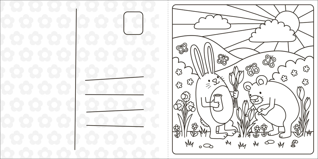 Coloring book page with a rabbit and duck in a garden