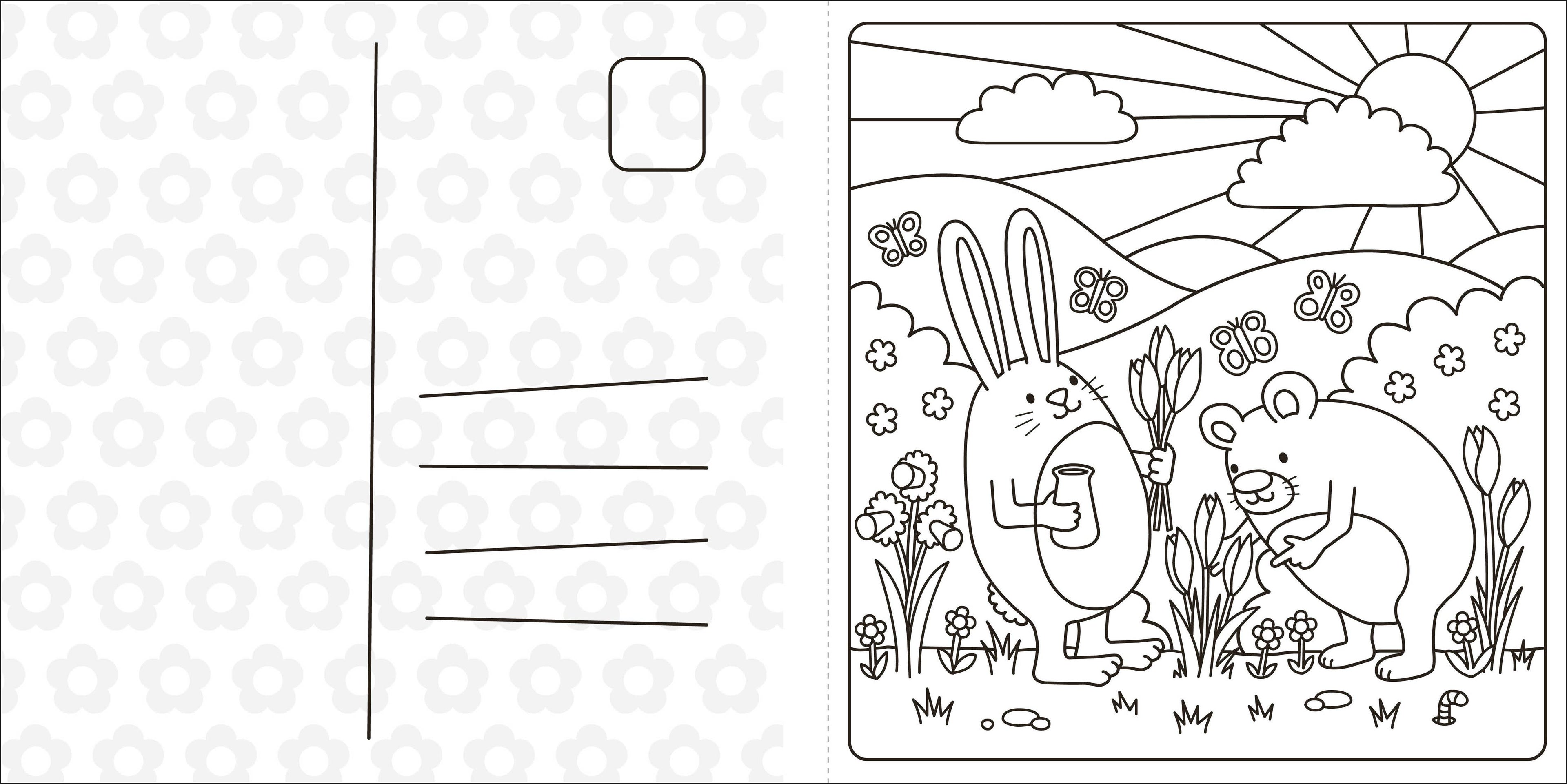 Coloring book page with a rabbit and duck in a garden