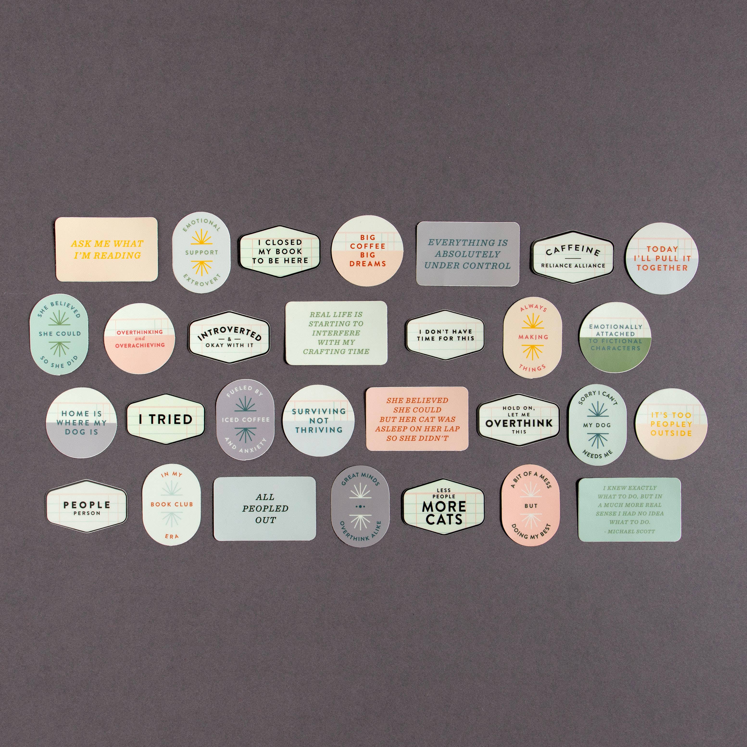 Assorted funny quote stickers for books, planners, laptops — perfect for introverts, book lovers & coffee fans