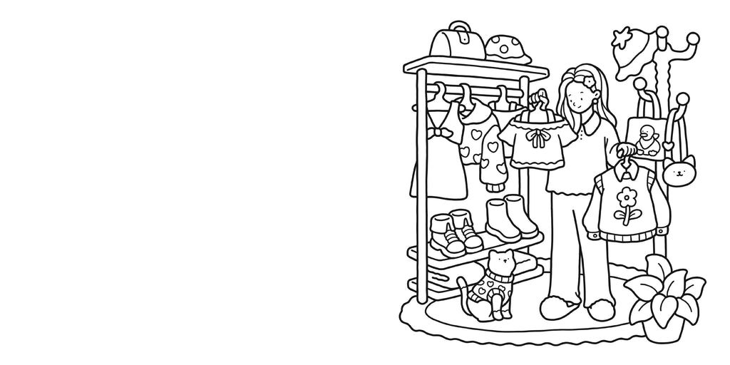 Black and white line drawing of a person shopping with a rack of clothes and bags.
