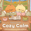 Cover of 'Cozy Calm' coloring book by Cherry Lam featuring two cartoon animals at a table with a scenic background.