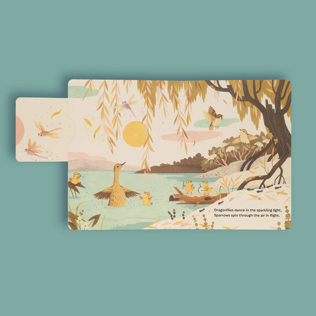 Children's book page with ducks, dragonflies, and sparrows by a lake under willow trees, perfect for cozy reads and intentional play.