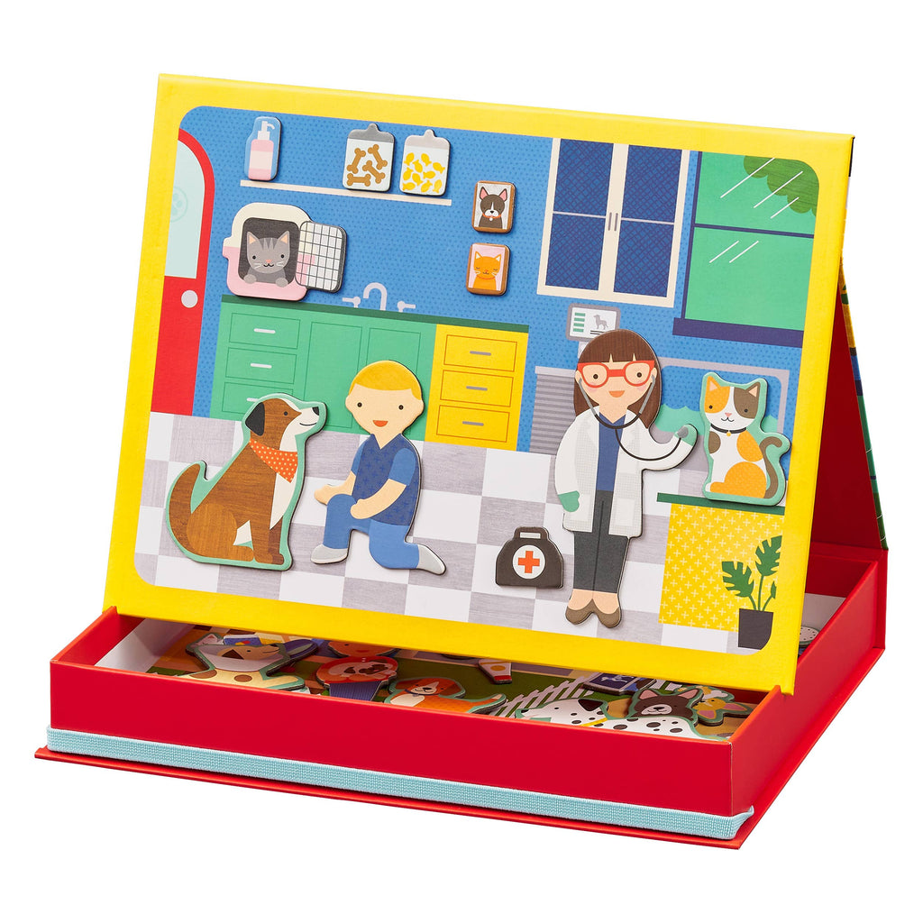 Wooden magnetic vet playset with pets, doctor, and clinic scene for imaginative kids' play