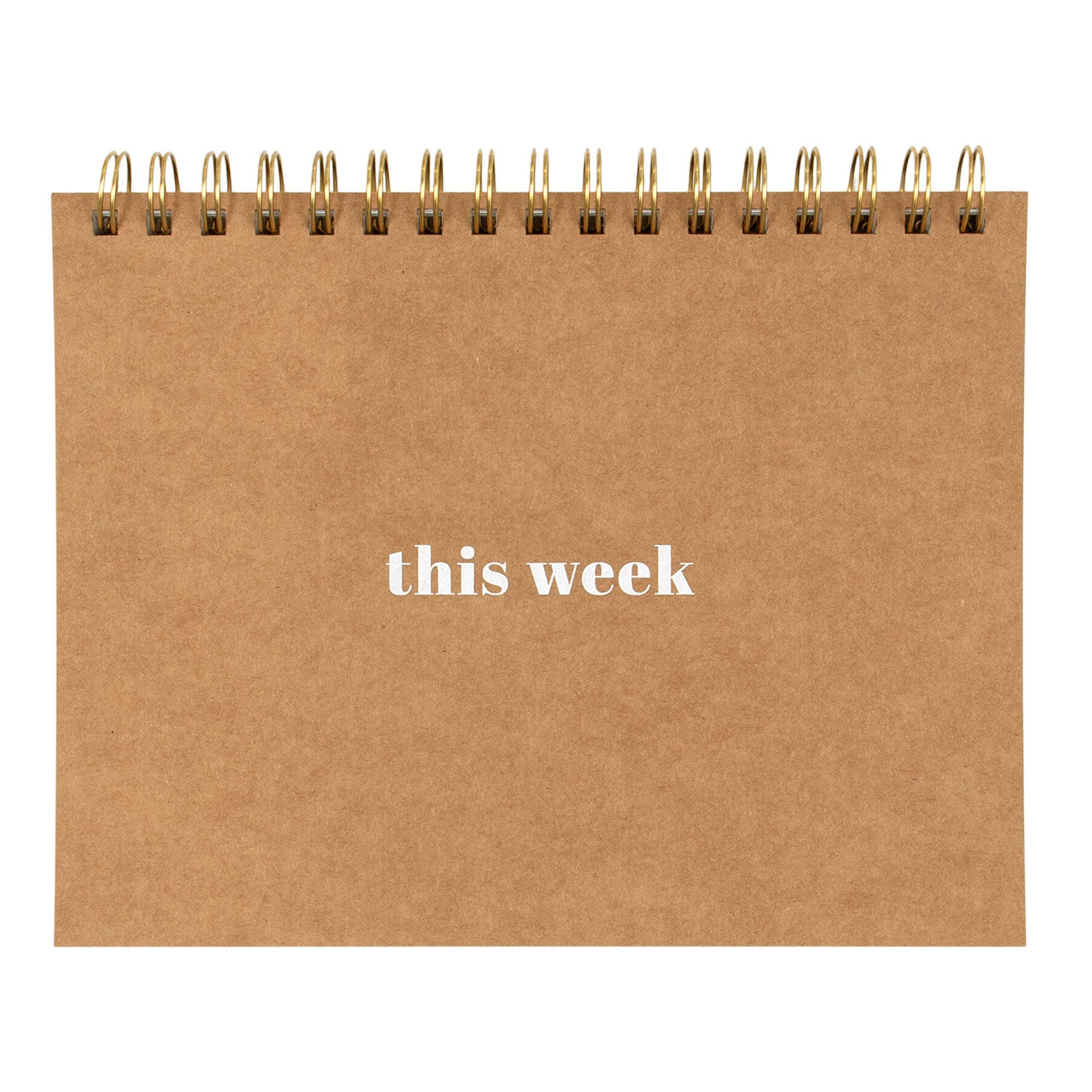 Brown spiral-bound notebook with 'this week' text on a white background