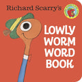 Book cover of 'Lowly Worm Word Book' by Richard Scarry with a cartoon worm character on an orange background.