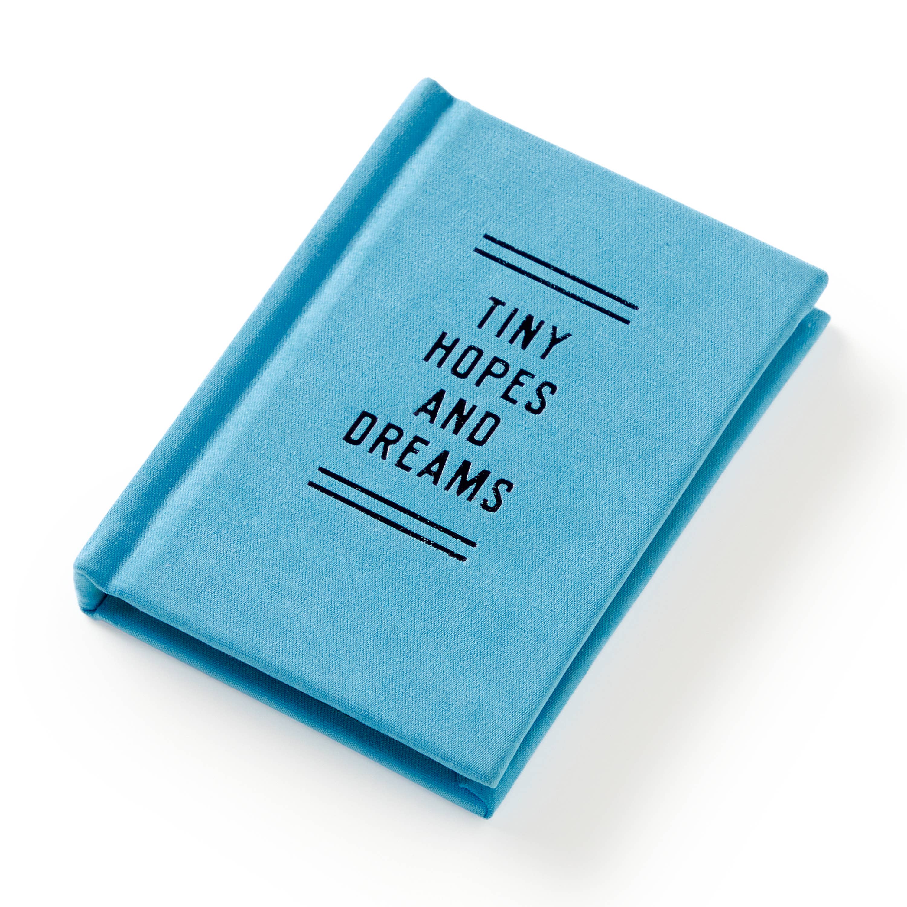 Blue fabric journal with 'Tiny Hopes and Dreams' text, ideal for cozy reads and intentional play