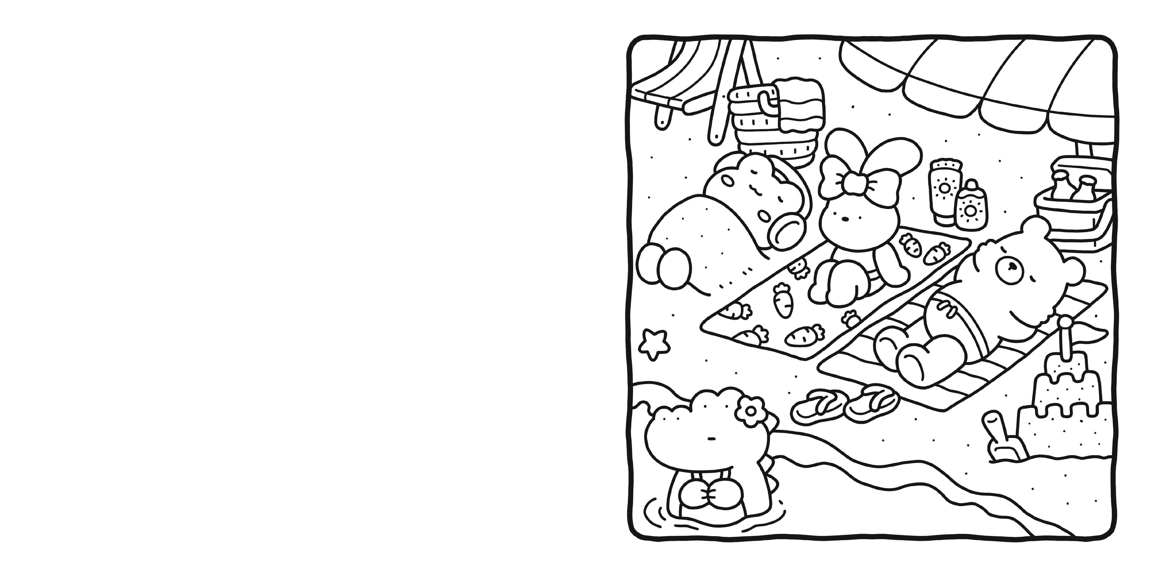 Black and white line drawing of a beach scene with cartoon characters and items.