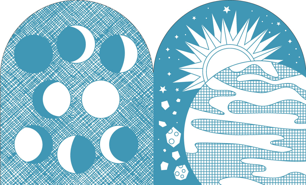 Blue and white celestial art with moon phases, sun, stars, and waves for cozy home decor
