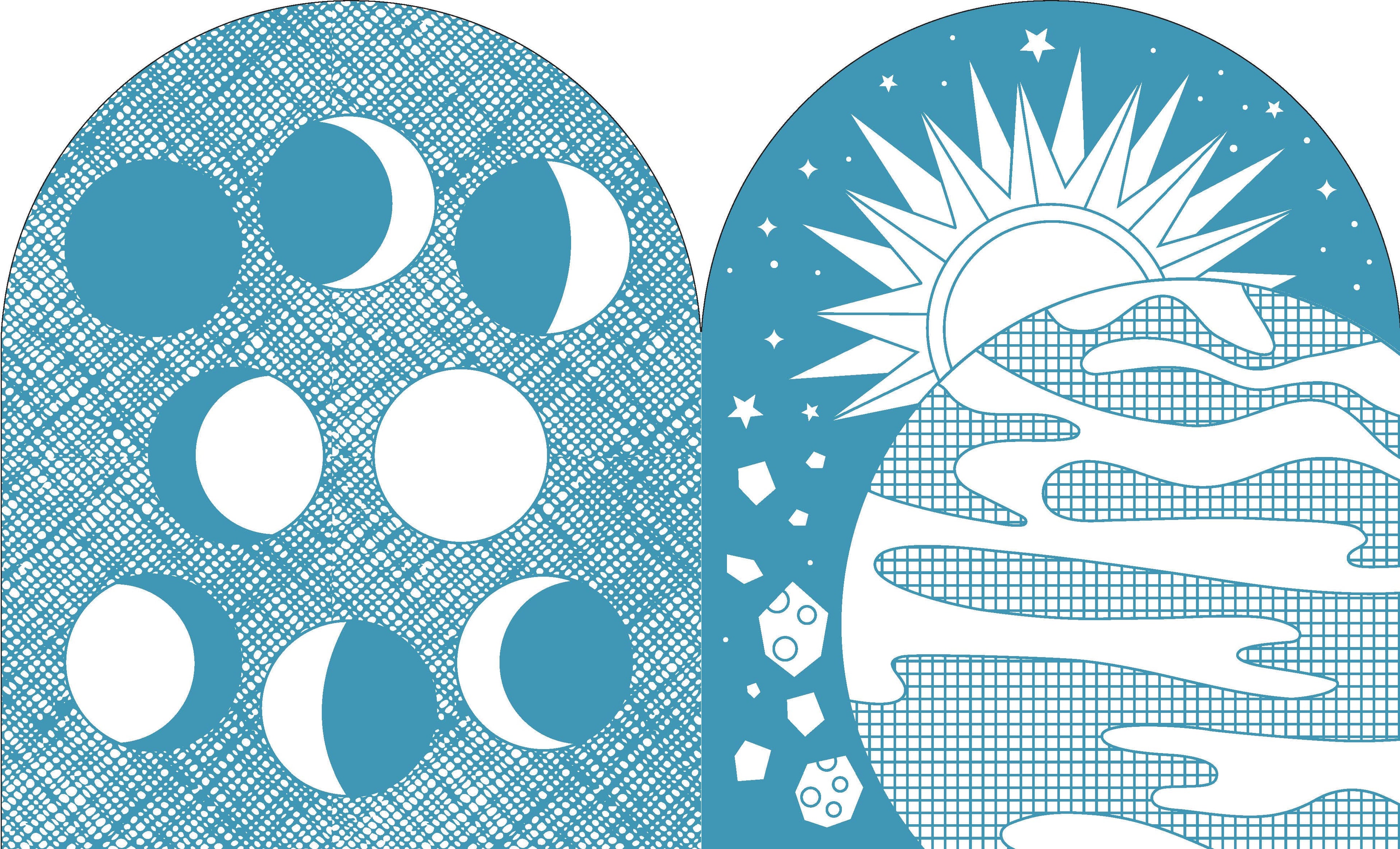 Blue and white celestial art with moon phases, sun, stars, and waves for cozy home decor