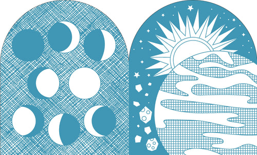 Blue and white celestial art with moon phases, sun, stars, and waves for cozy home decor