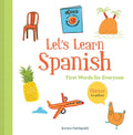 Let's Learn Spanish children's book with colorful illustrations of pineapple, chicken, plane, and Mexico theme for early learners