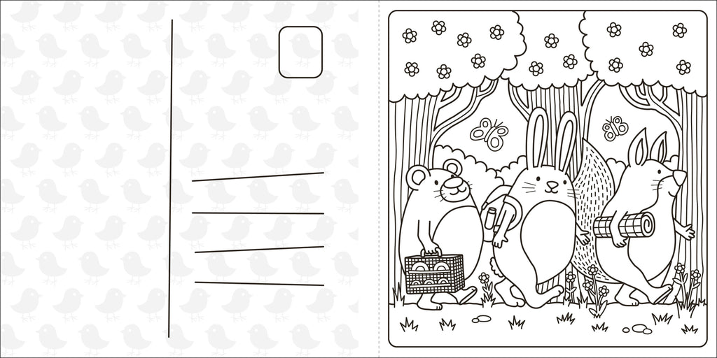 Coloring book page with cartoon animals in a forest setting