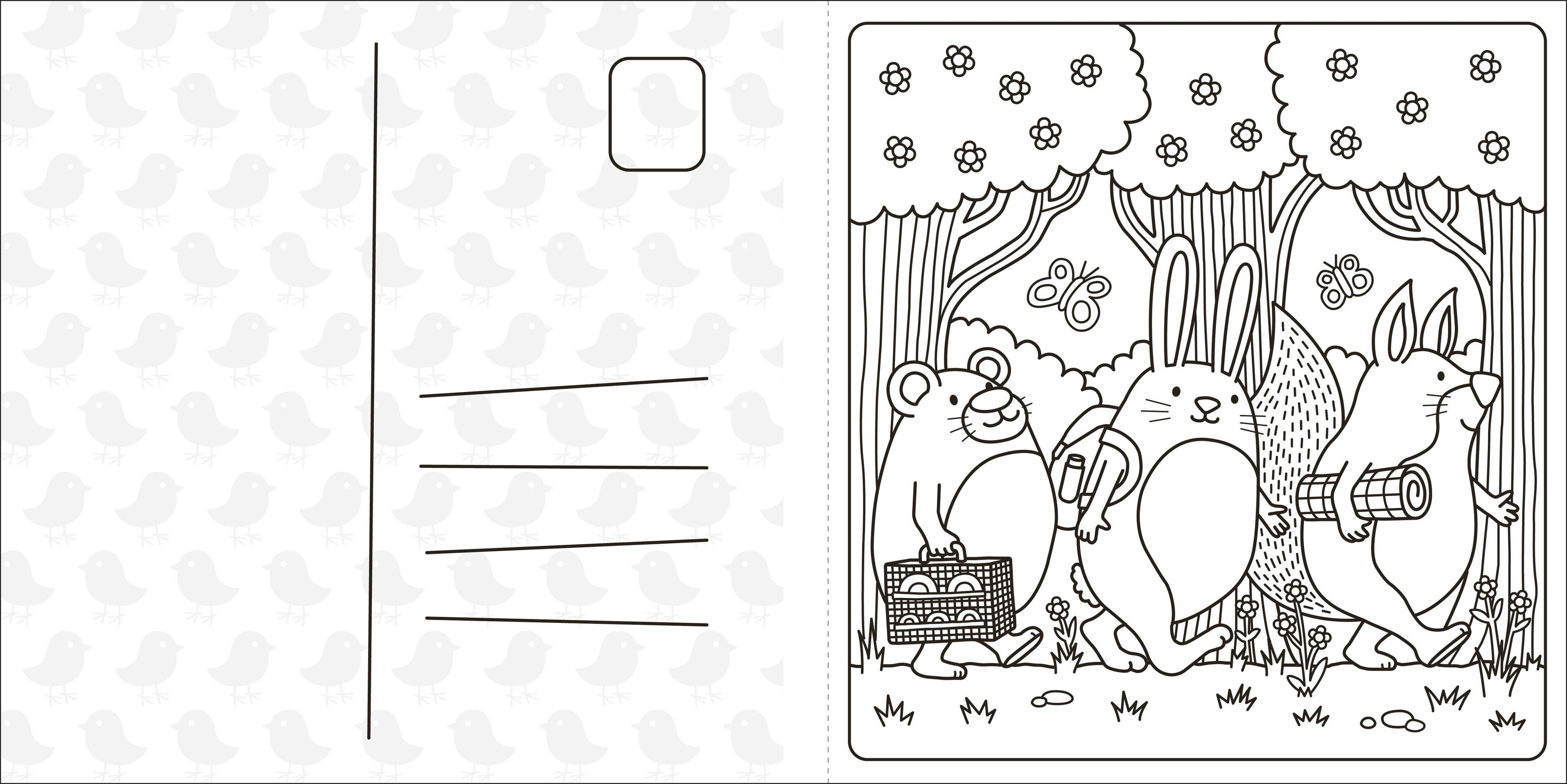 Coloring book page with cartoon animals in a forest setting