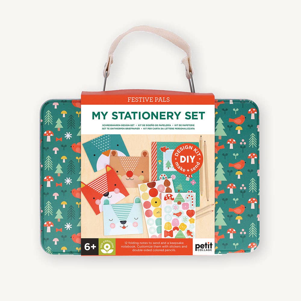 Stationery set packaging with festive design on a white background