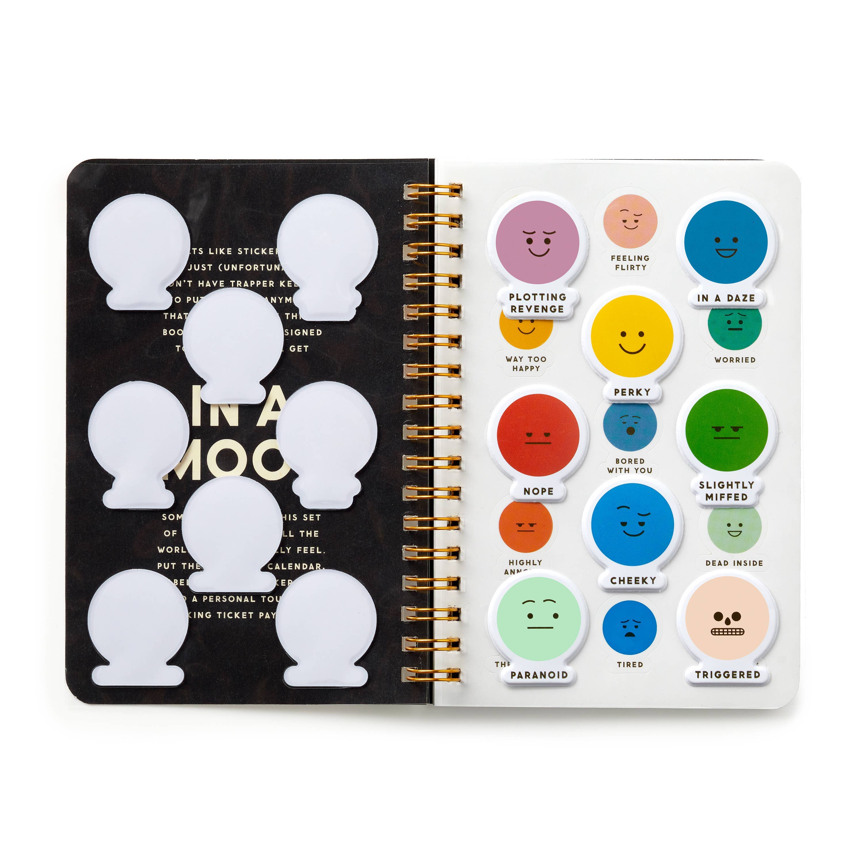 Colorful mood stickers for planners with funny expressions like 'Plotting Revenge' and 'In a Daze'