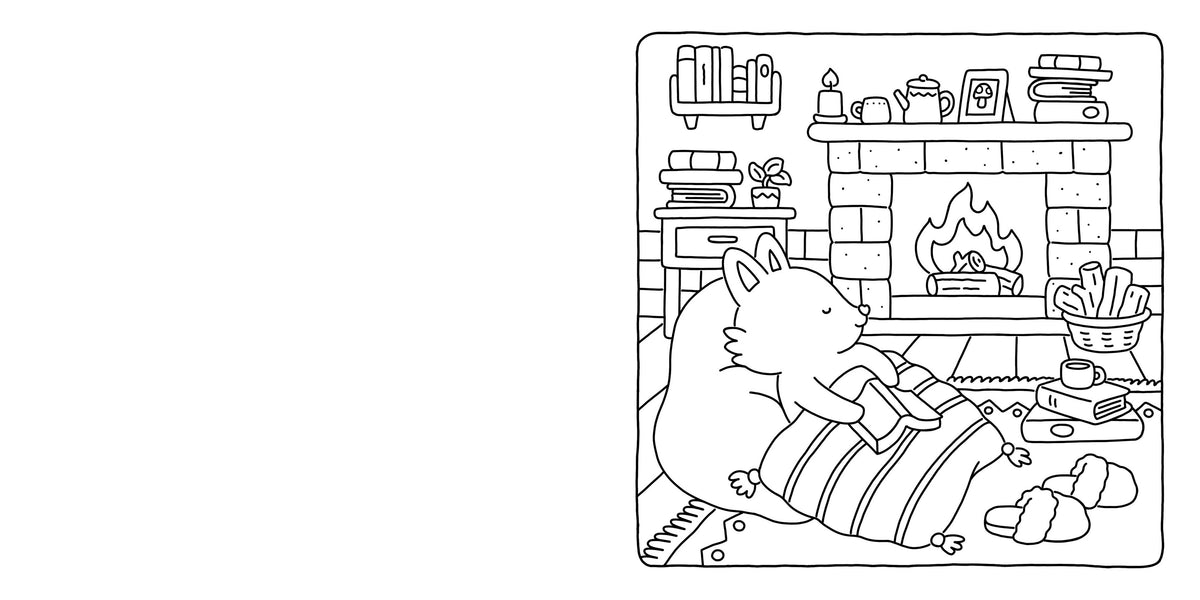 Illustration of a cartoon character sitting by a fireplace with a book, surrounded by cozy details.
