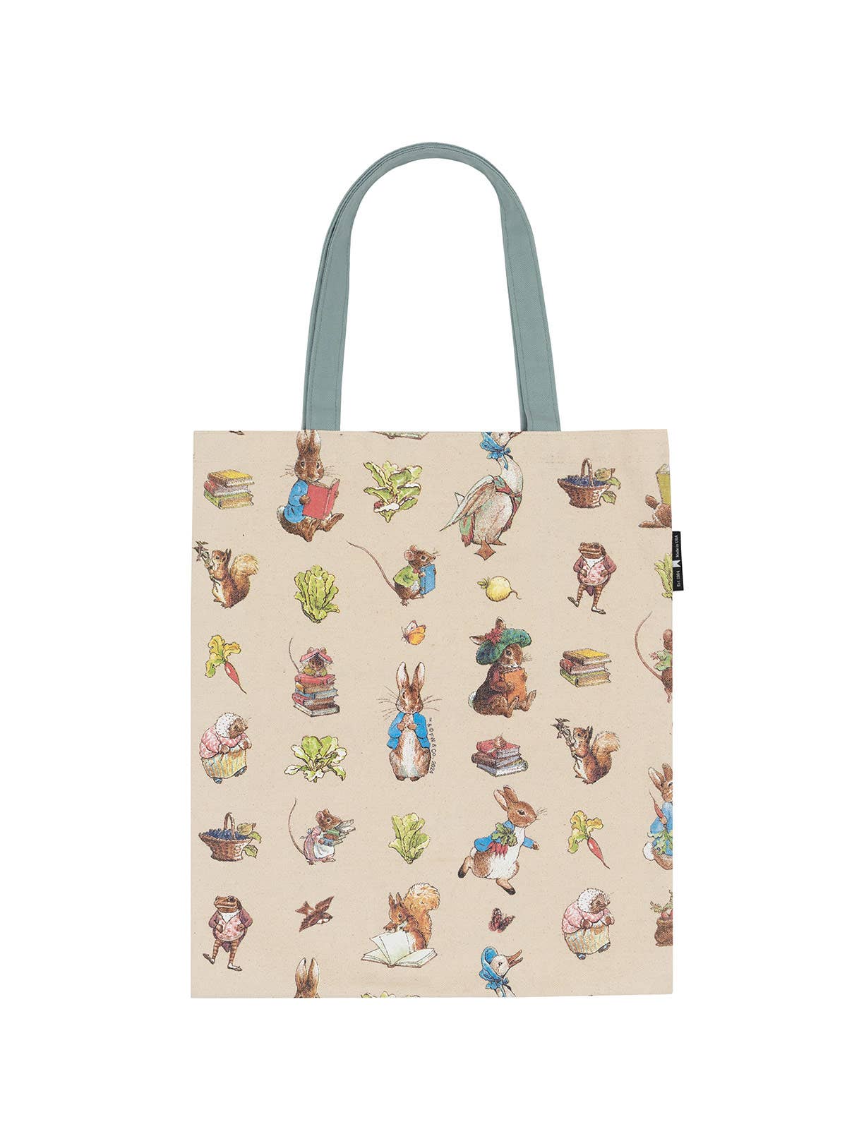 Tote bag with illustrated characters on a beige background
