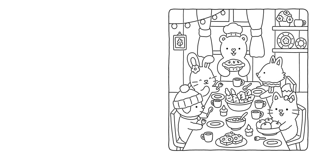 Illustration of animals at a picnic with food items.