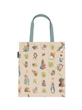 Tote bag with illustrated characters on a beige background