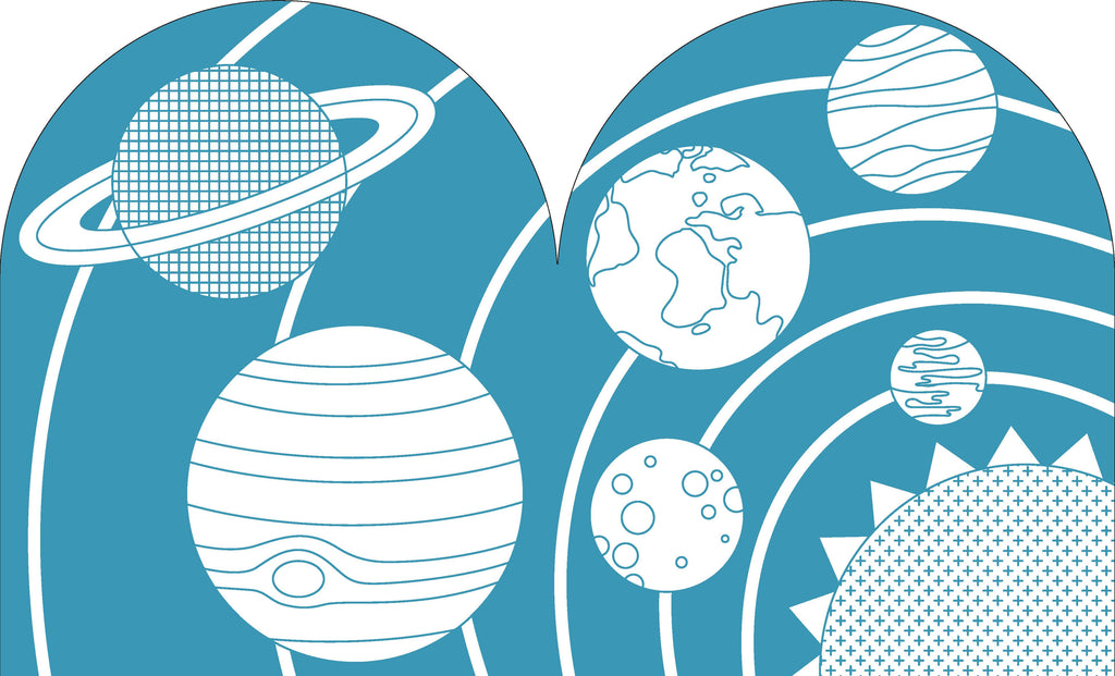Stylized planets and sun in blue and white, ideal for kids' space-themed toys or educational decor