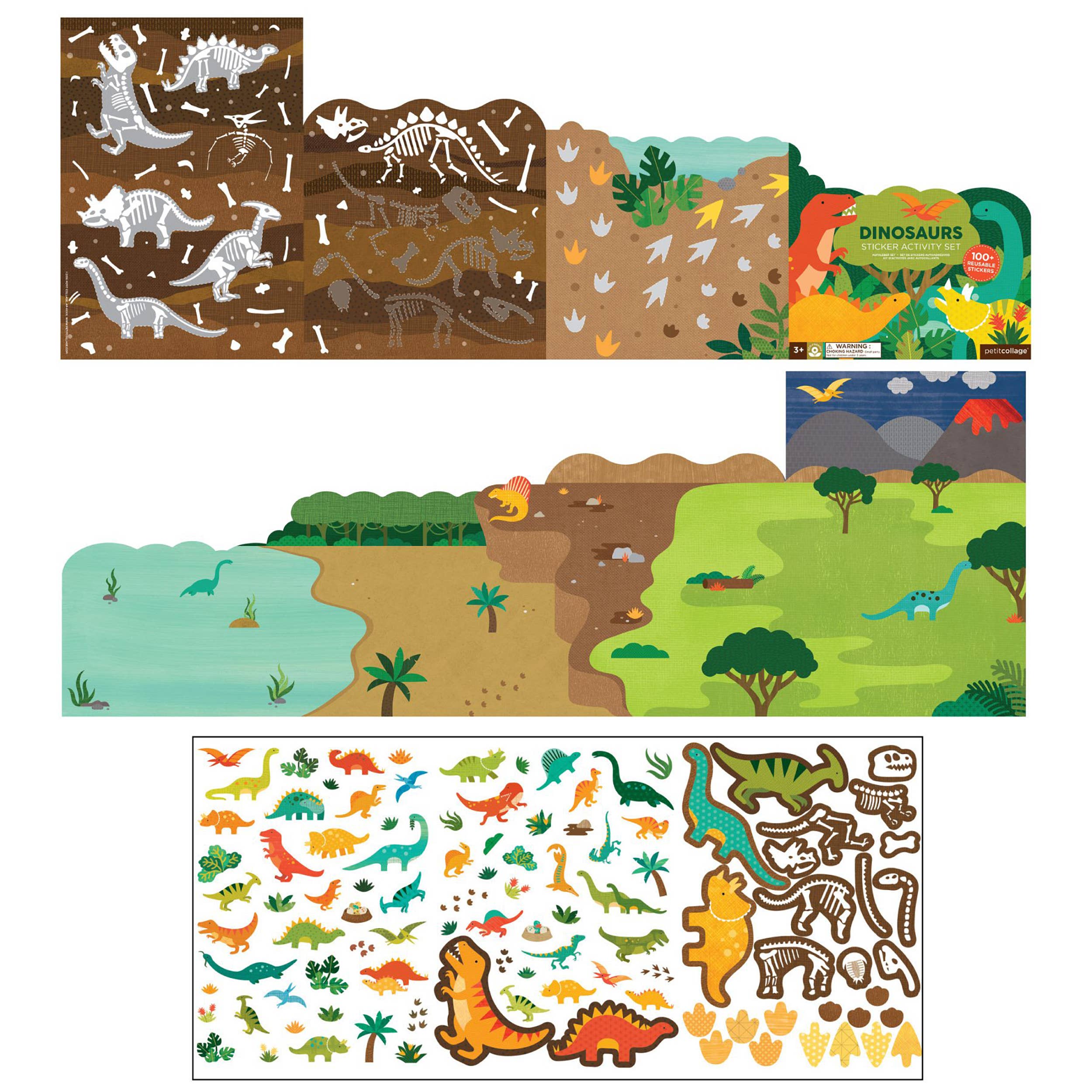 Dinosaurs sticker activity set with reusable stickers, fossils, and prehistoric scene for kids' play and learning