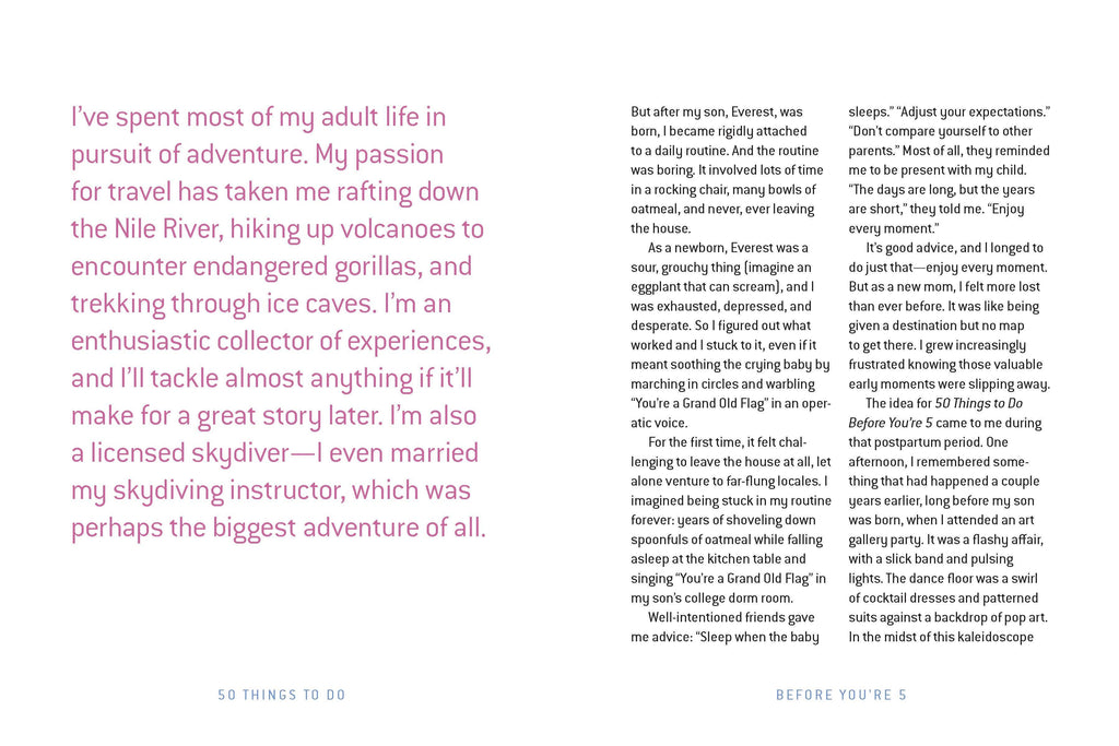 Book page from '50 Things to Do Before You're 5' featuring adventure stories and parenting reflections for families.