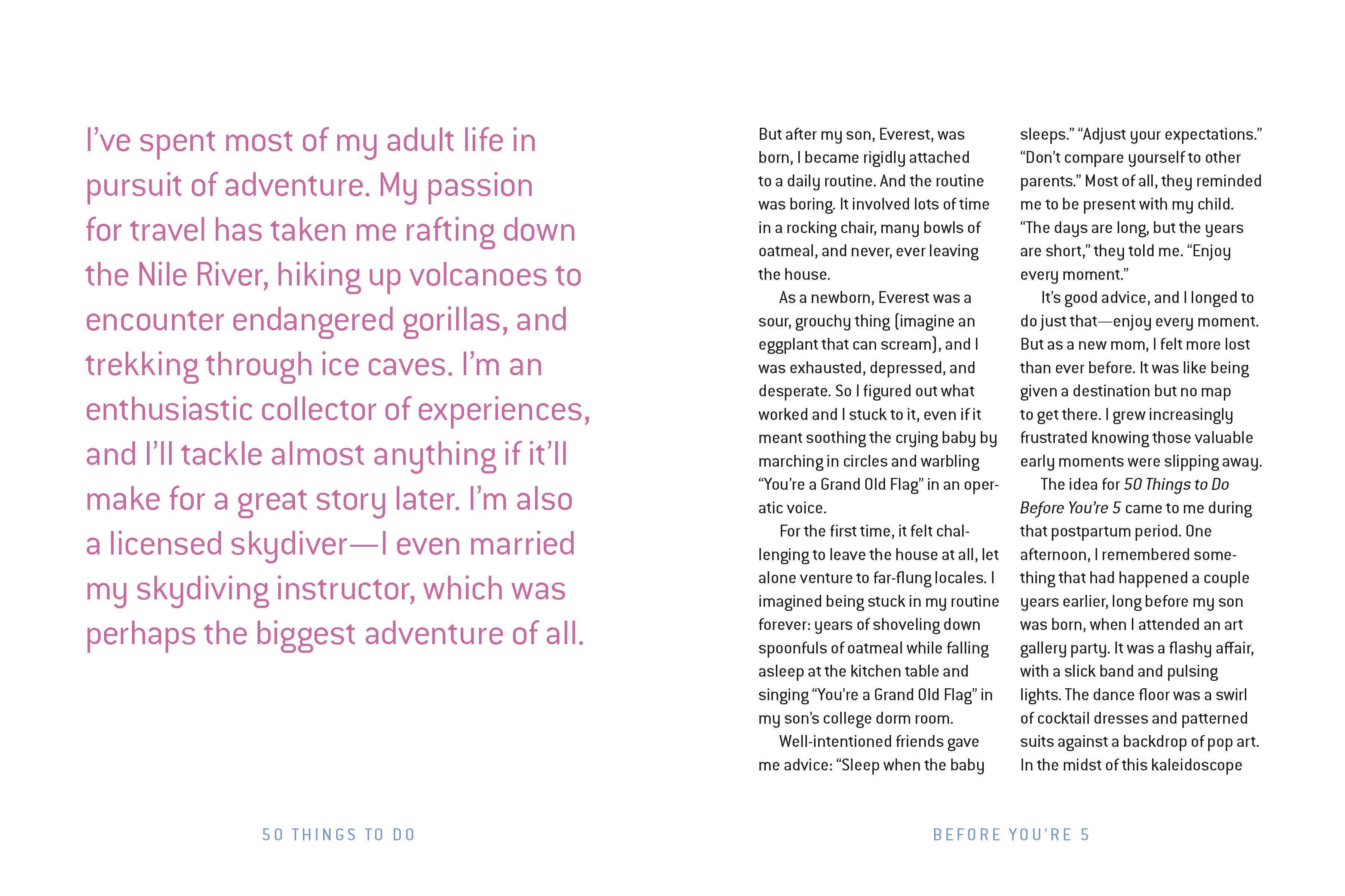 Book page from '50 Things to Do Before You're 5' featuring adventure stories and parenting reflections for families.