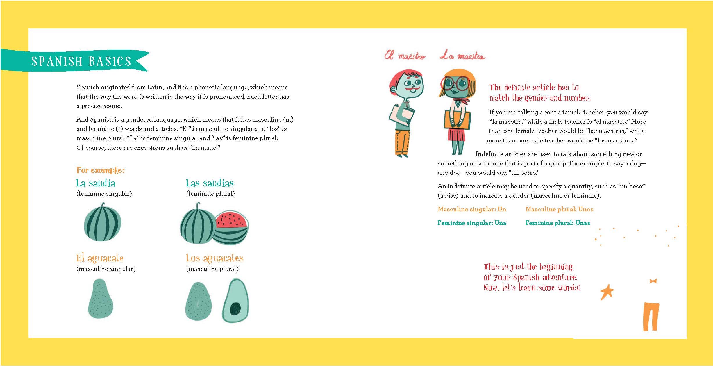 Spanish basics worksheet teaching gendered articles with watermelon and avocado examples for kids
