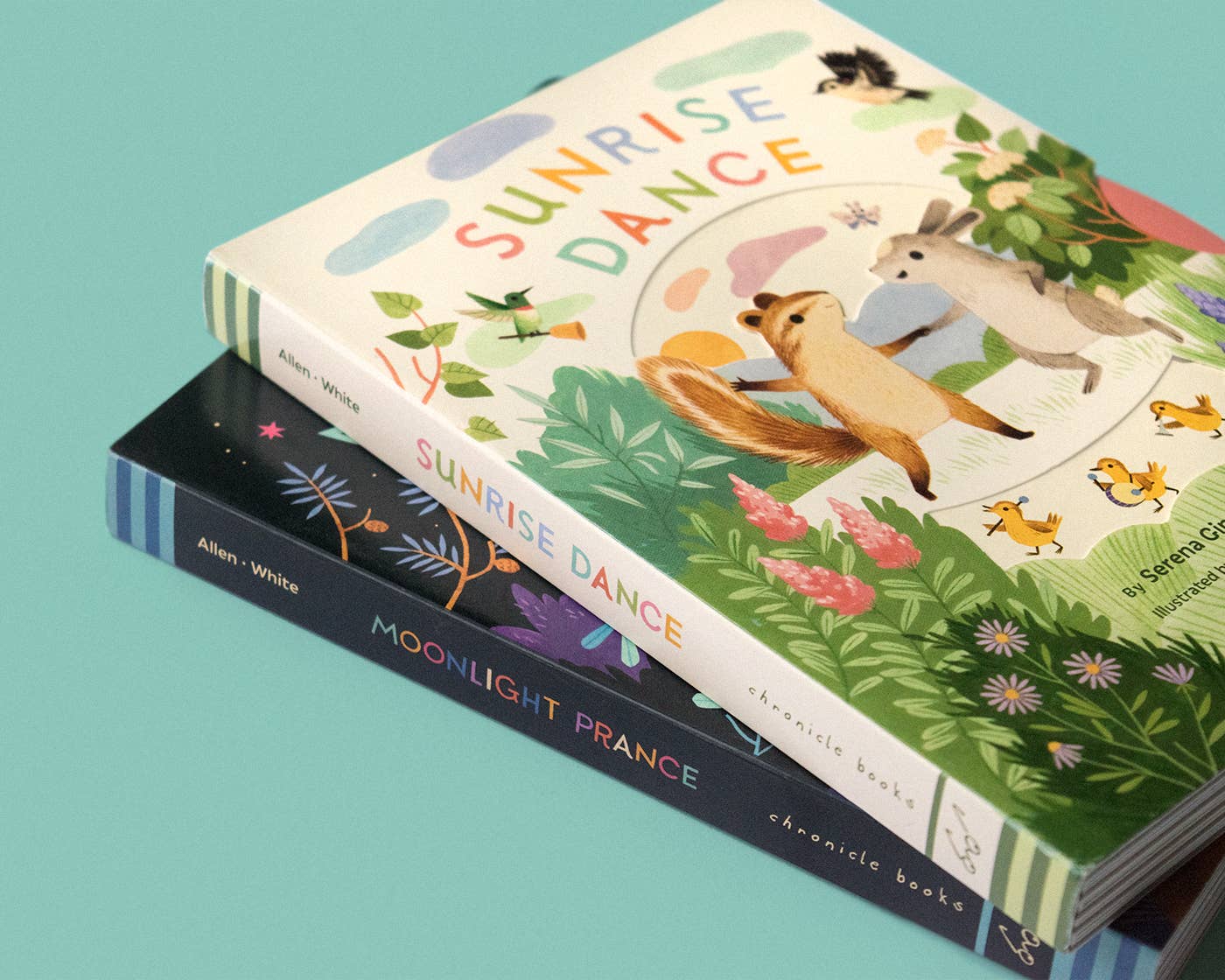 Sunrise Dance and Moonlight Prance children's books with whimsical animal illustrations, perfect for cozy family reads.