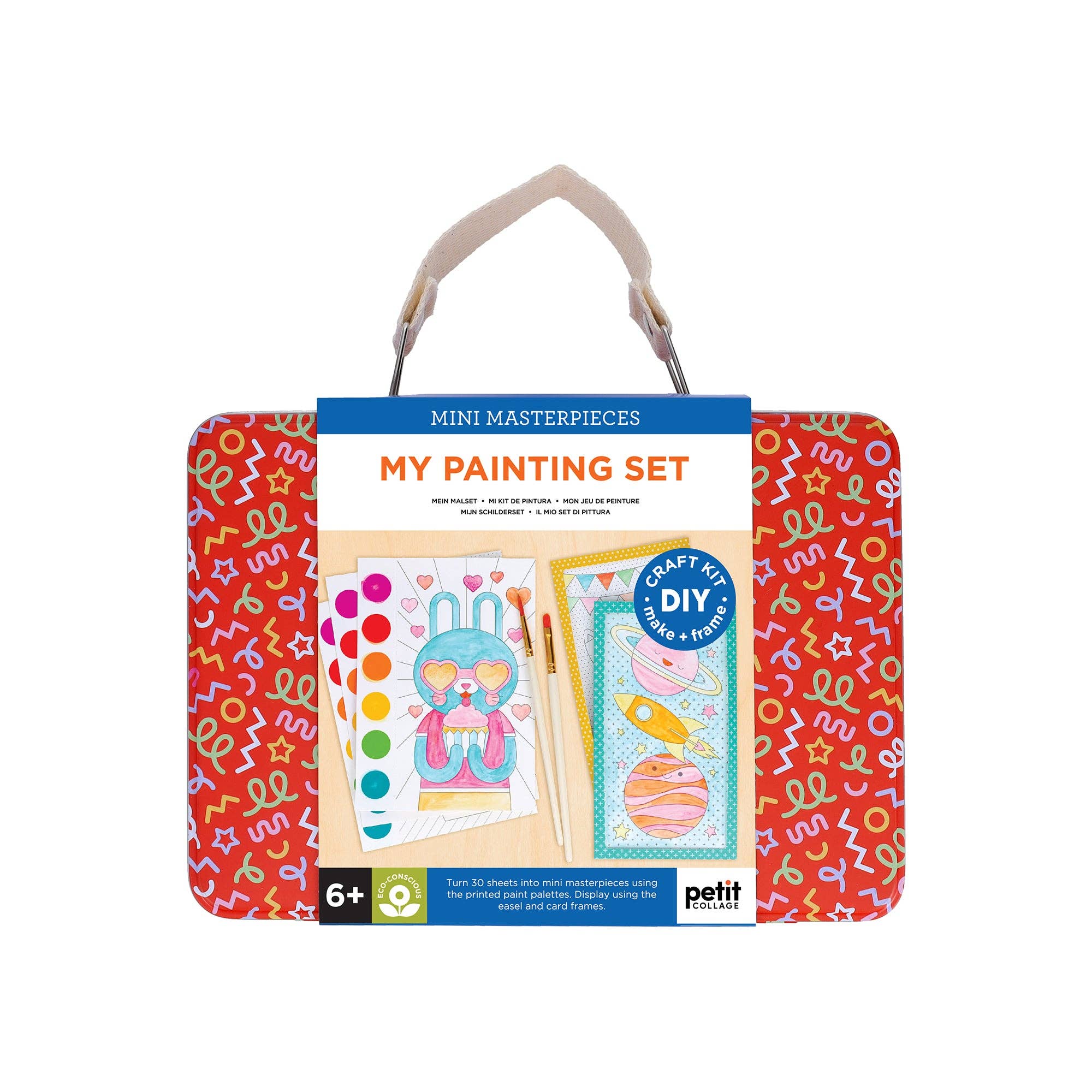 Colorful painting set packaging with illustrations of art supplies on a white background