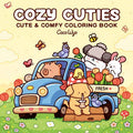 Coloring book cover with cartoon animals around a car, featuring the title 'Cozy Cuties' and author 'Coco Wyo'.