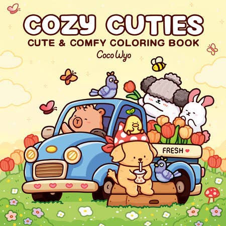 Coloring book cover with cartoon animals around a car, featuring the title 'Cozy Cuties' and author 'Coco Wyo'.