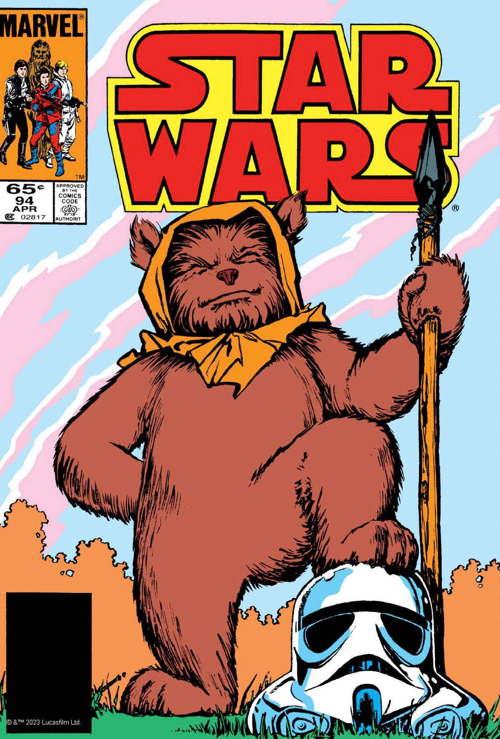 Star Wars comic cover featuring Wookiee with spear and Stormtrooper helmet, Marvel vintage issue