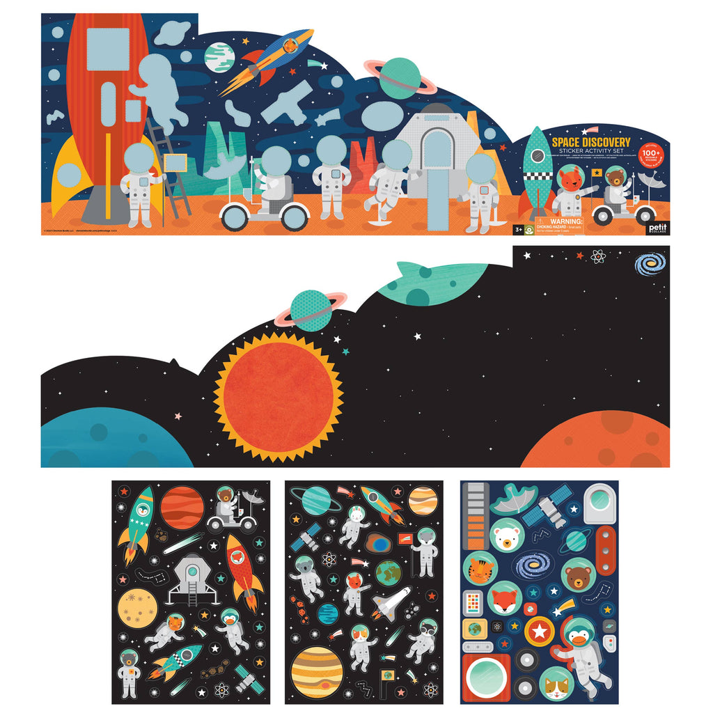 Space Discovery Sticker Activity Set with reusable stickers, astronauts, rockets, planets, and cosmic scenes for kids' imaginative play.