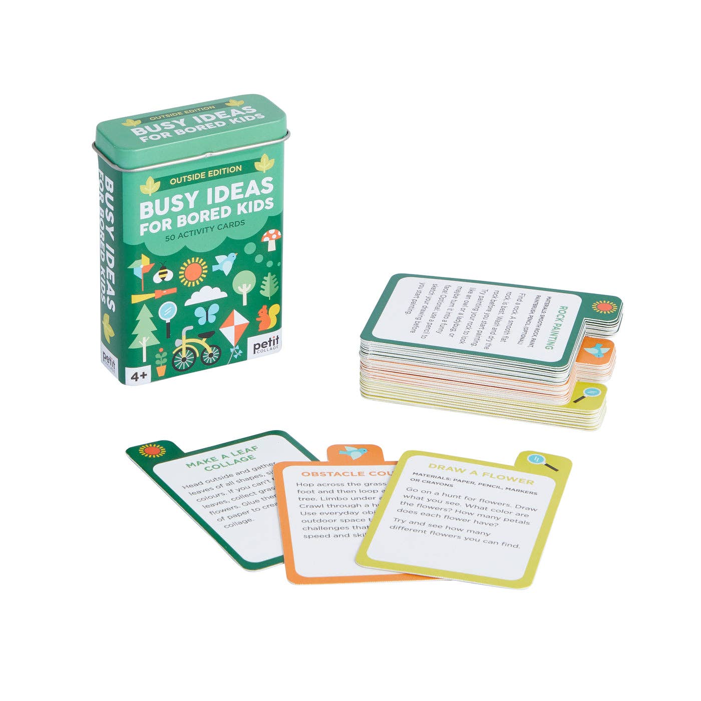 Busy Ideas for Bored Kids activity cards, outdoor edition with 50 fun, screen-free play prompts for ages 4+