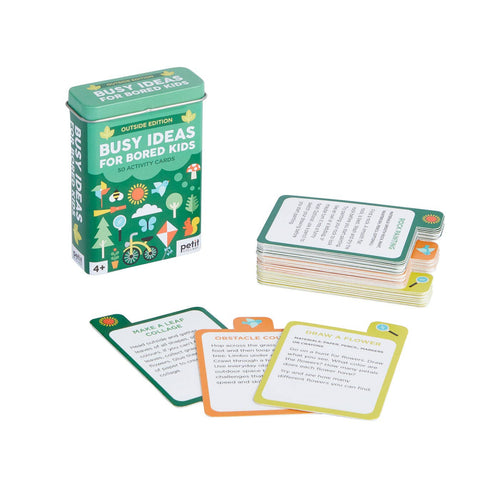 Busy Ideas for Bored Kids activity cards, outdoor edition with 50 fun, screen-free play prompts for ages 4+