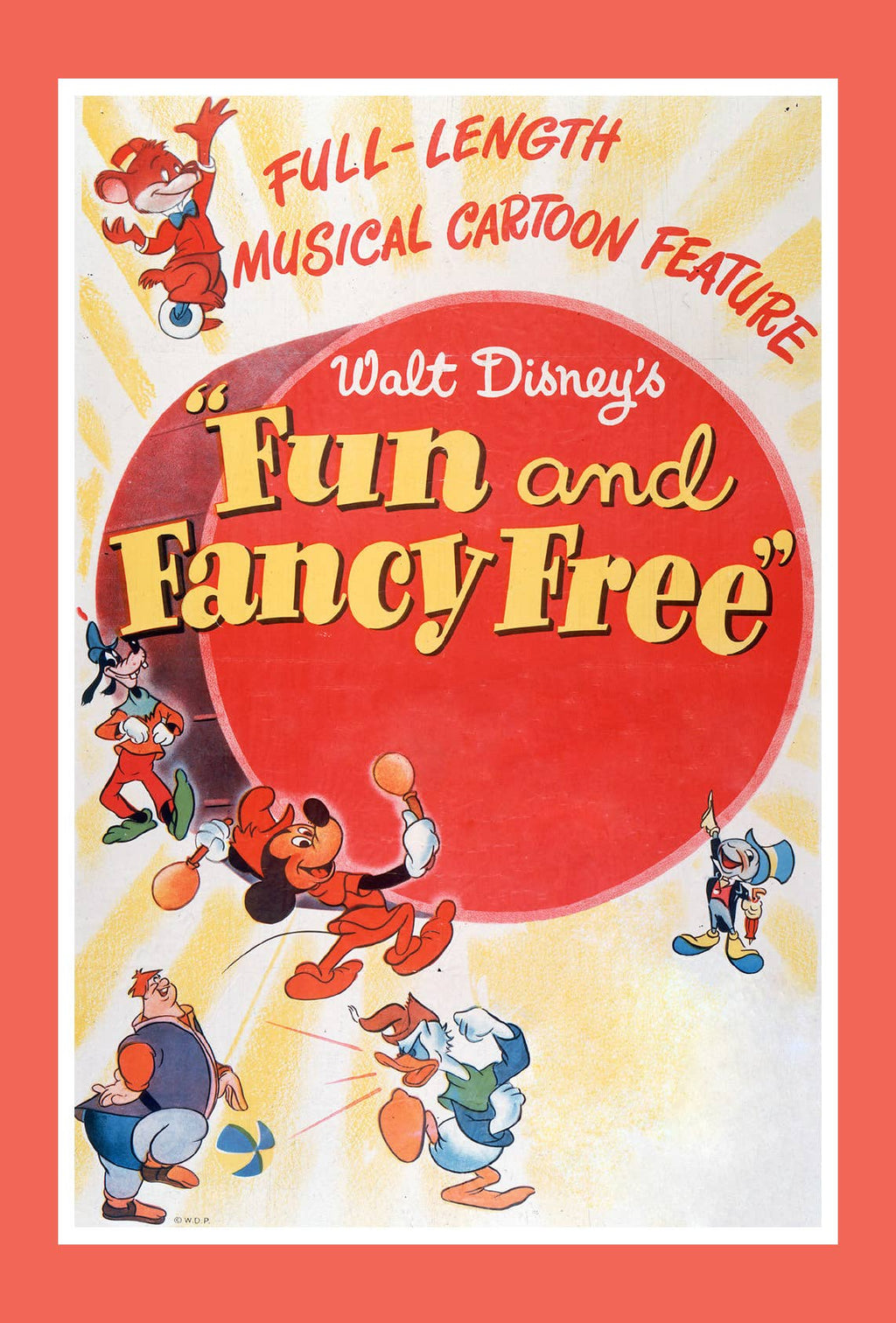 Walt Disney's Fun and Fancy Free vintage poster featuring Mickey, Donald, Goofy, and classic cartoon characters in playful scenes.
