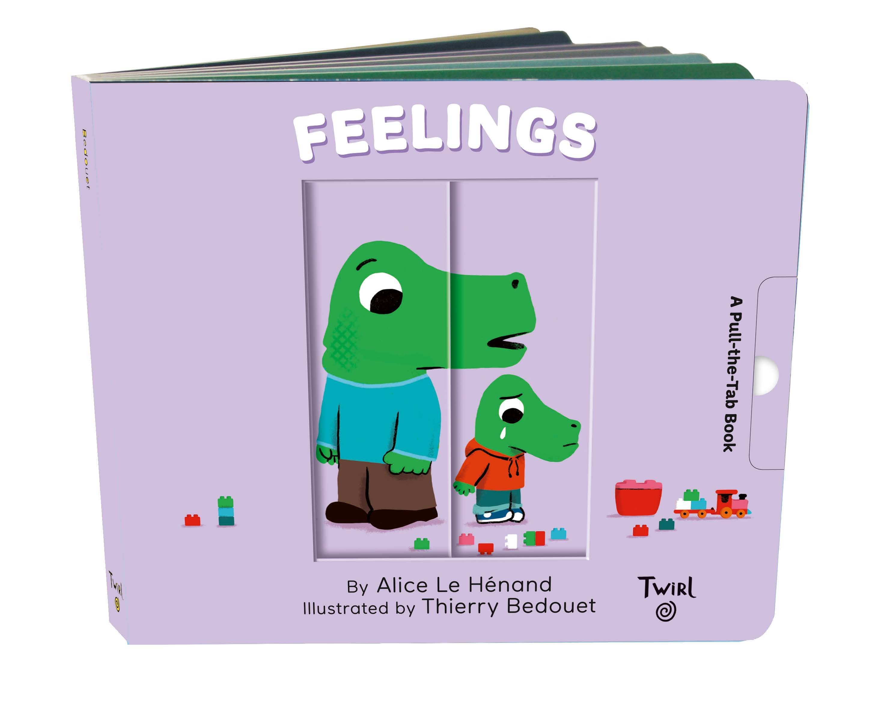 Feelings: A Pull-the-Tab Book for kids with dinosaur characters, colorful blocks, and interactive play — perfect for emotional learning and cozy storytime.