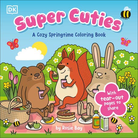 Book cover of 'Super Cuties' coloring book with animals at a picnic in a springtime setting.