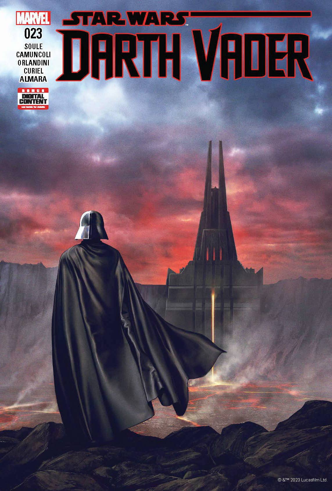 Darth Vader stands before a dark castle at sunset, Star Wars comic cover, Marvel issue 023