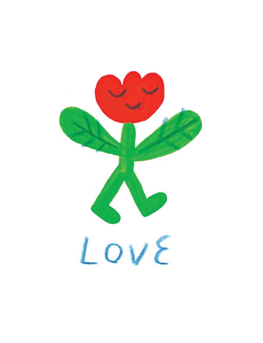 Smiling red heart flower with green stem and leaves, walking with 'LOVE' written below — perfect for cozy home decor or intentional play gifts.