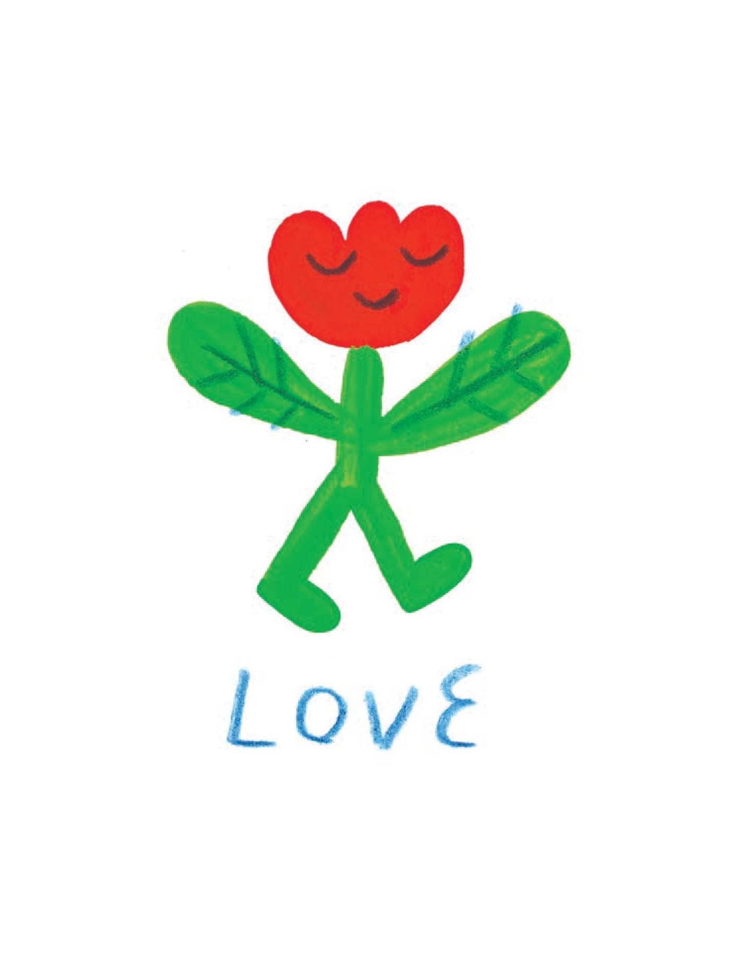 Smiling red heart flower with green stem and leaves, walking with 'LOVE' written below — perfect for cozy home decor or intentional play gifts.