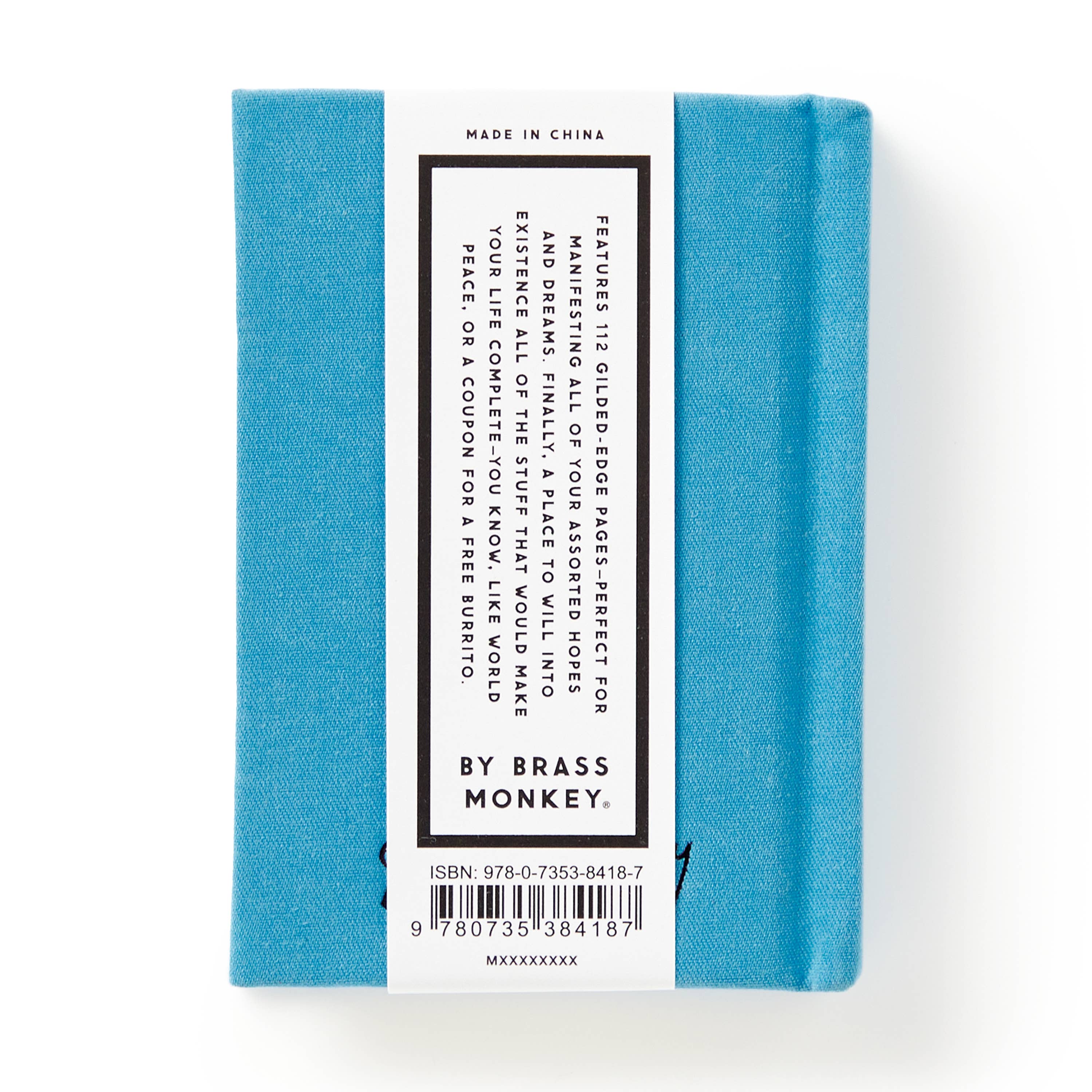 Blue fabric-covered journal with gilded-edge pages by Brass Monkey, perfect for hopes, dreams, and intentional living.