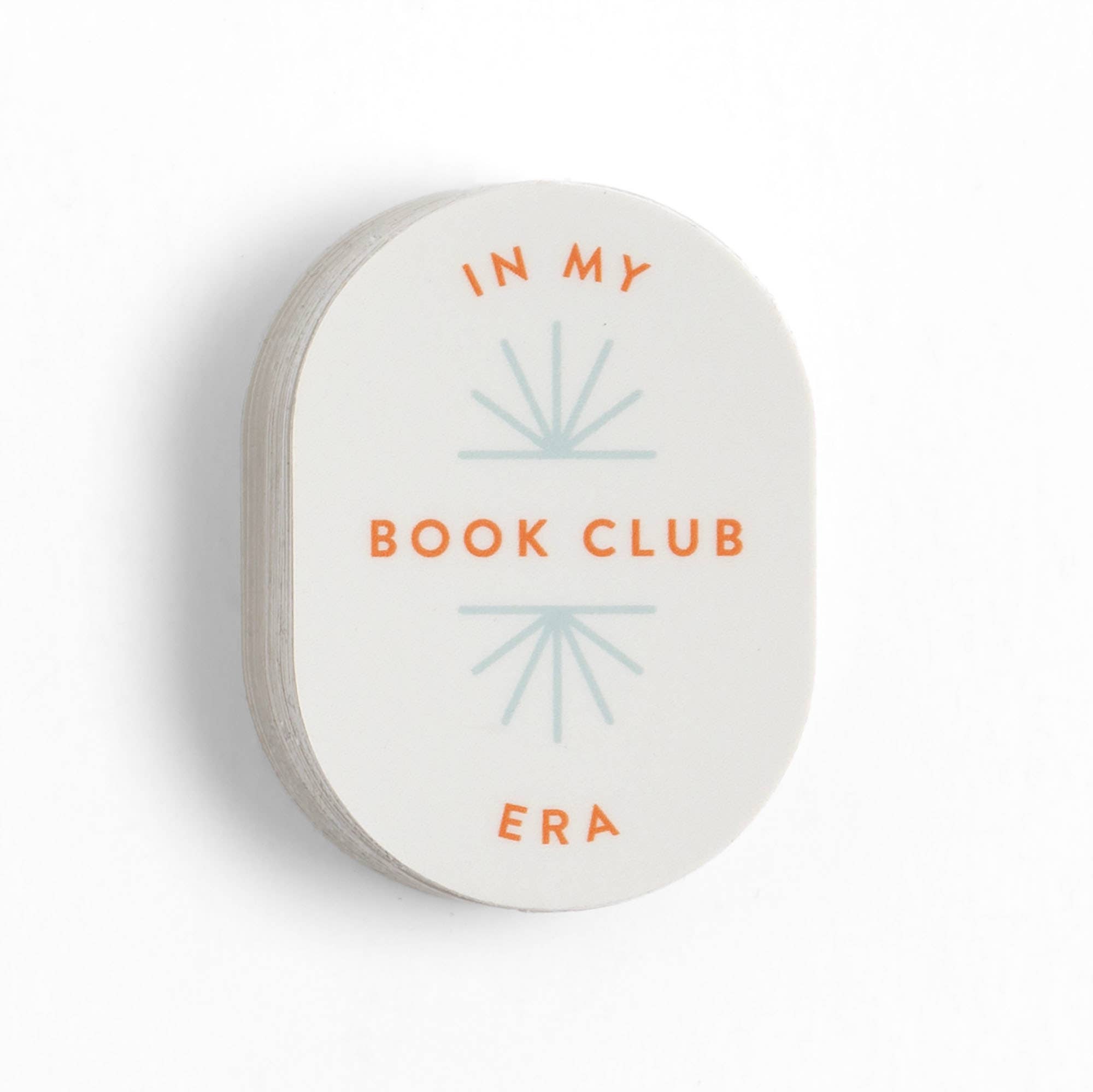 Round container with 'In My Book Club Era' text on a white background