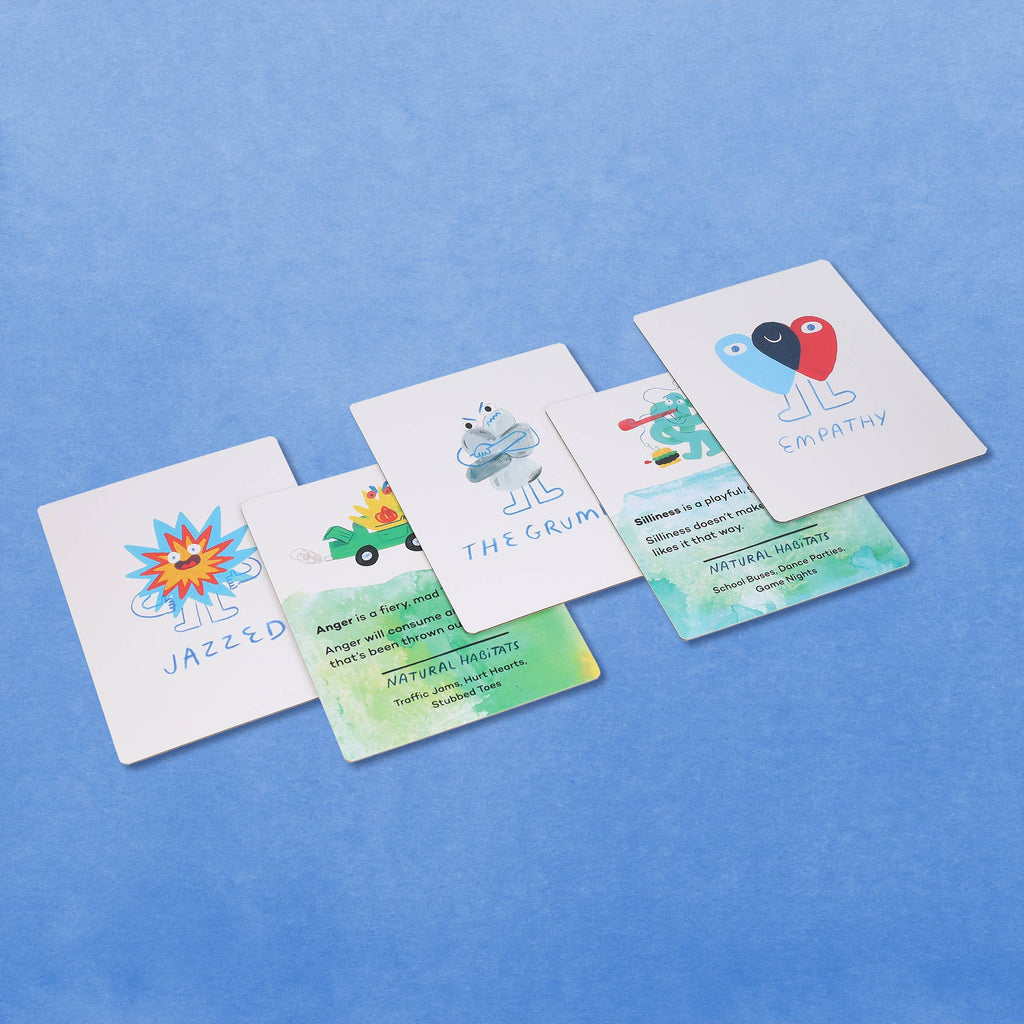 Colorful emotion cards for kids featuring 'Jazzed,' 'The Grump,' and 'Empathy'—perfect for intentional play and emotional learning.
